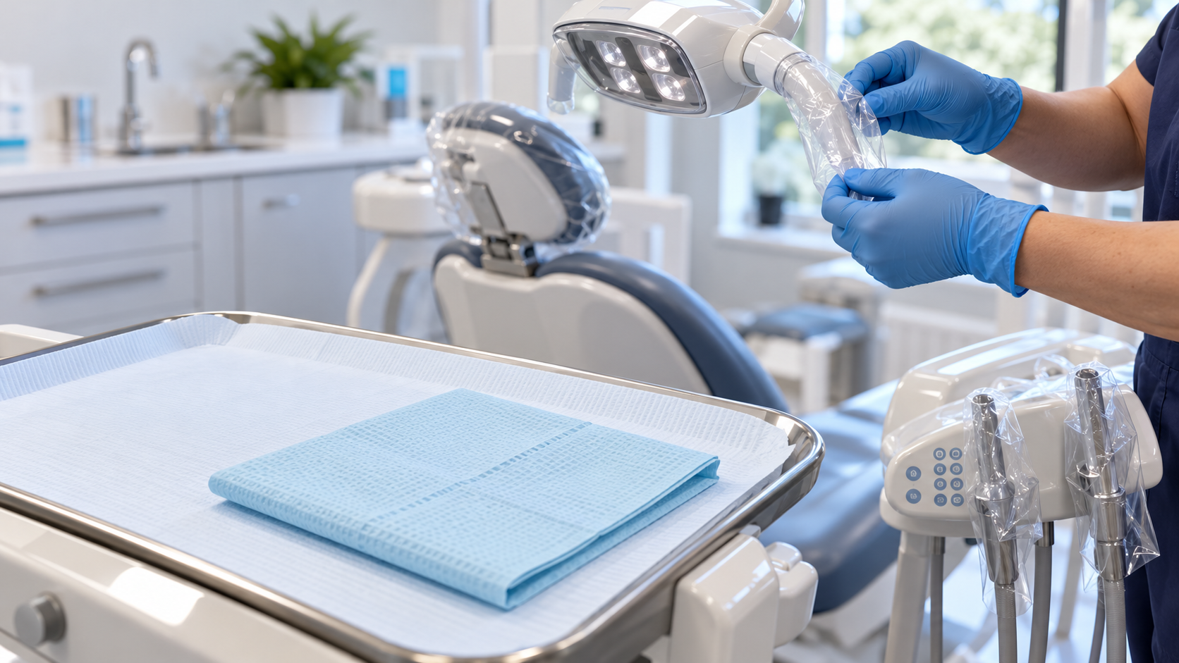 Dental klinikte temiz tabla örtüsü ve hasta önlüğü; reflektör koluna yeni koruyucu kılıf yerleştirilmesi / Fresh dental tray liner and patient bib with a new protective sleeve fitted to the light handle.