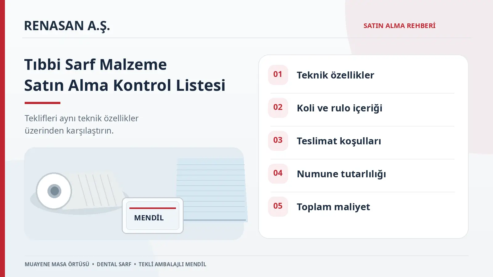 Tıbbi sarf malzeme satın alma kontrol listesi: teknik özellikler, koli içeriği, teslimat, numune ve toplam maliyet