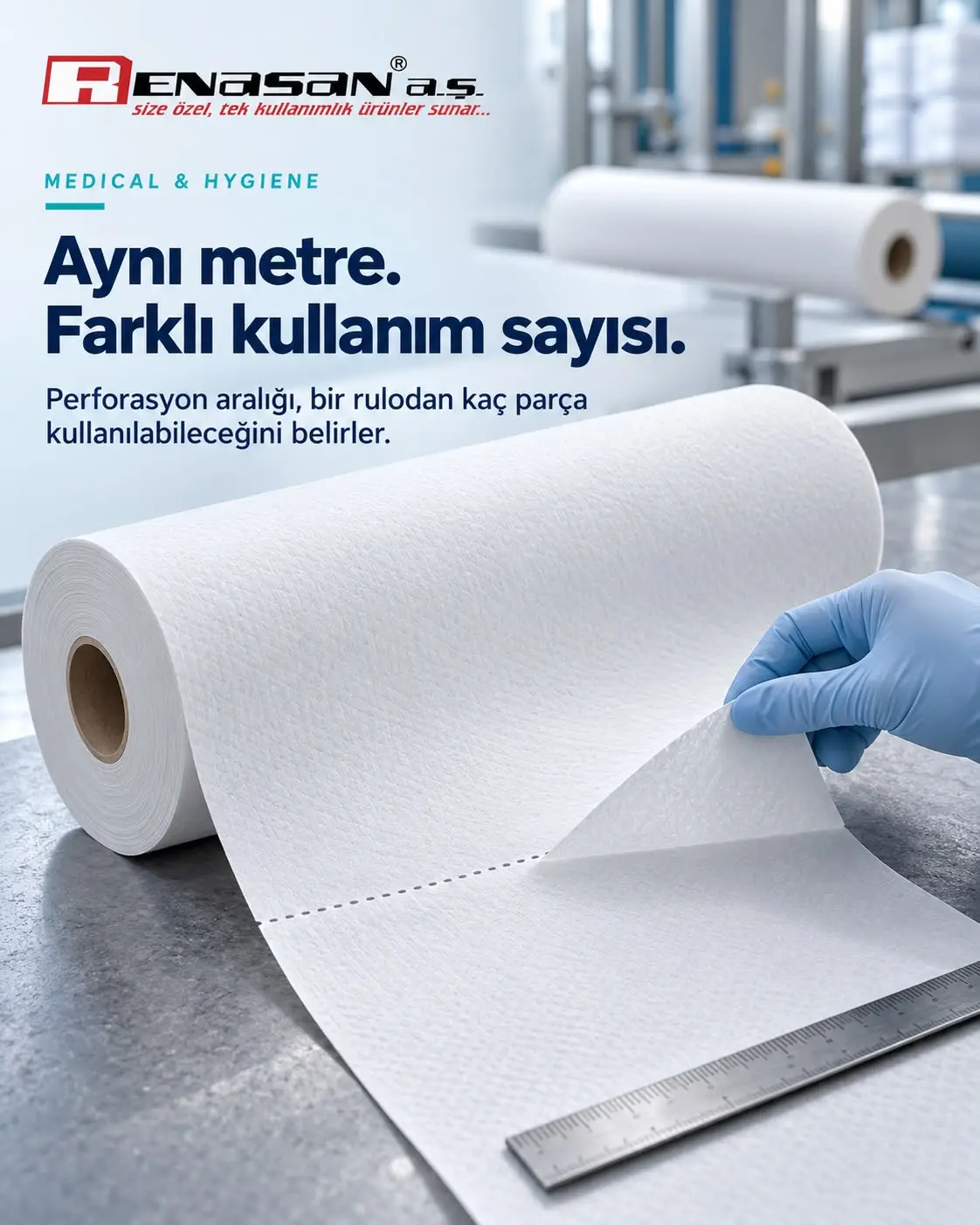 Muayene masa örtüsü rulosunda perforasyon aralığı ve kullanım sayısı / Examination table cover roll perforation spacing and number of uses