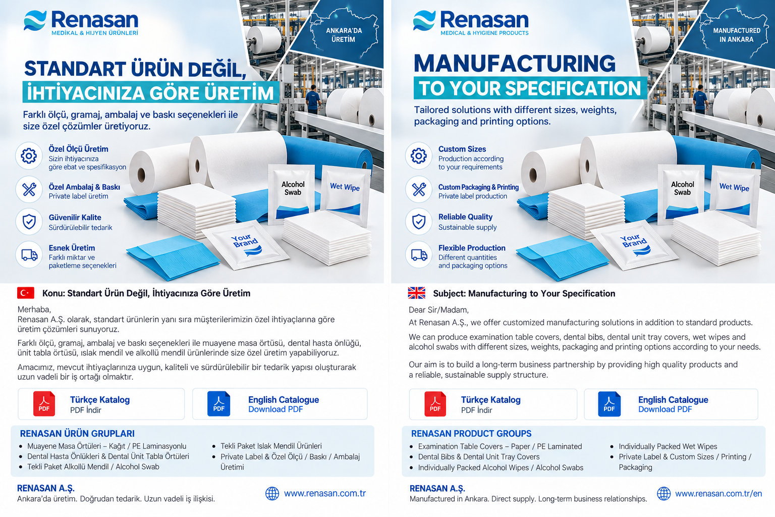 RENASAN Ankara üretim tesisi, özel ölçü ambalaj baskı ve private label üretim seçenekleri - Turkish and English manufacturing to your specification